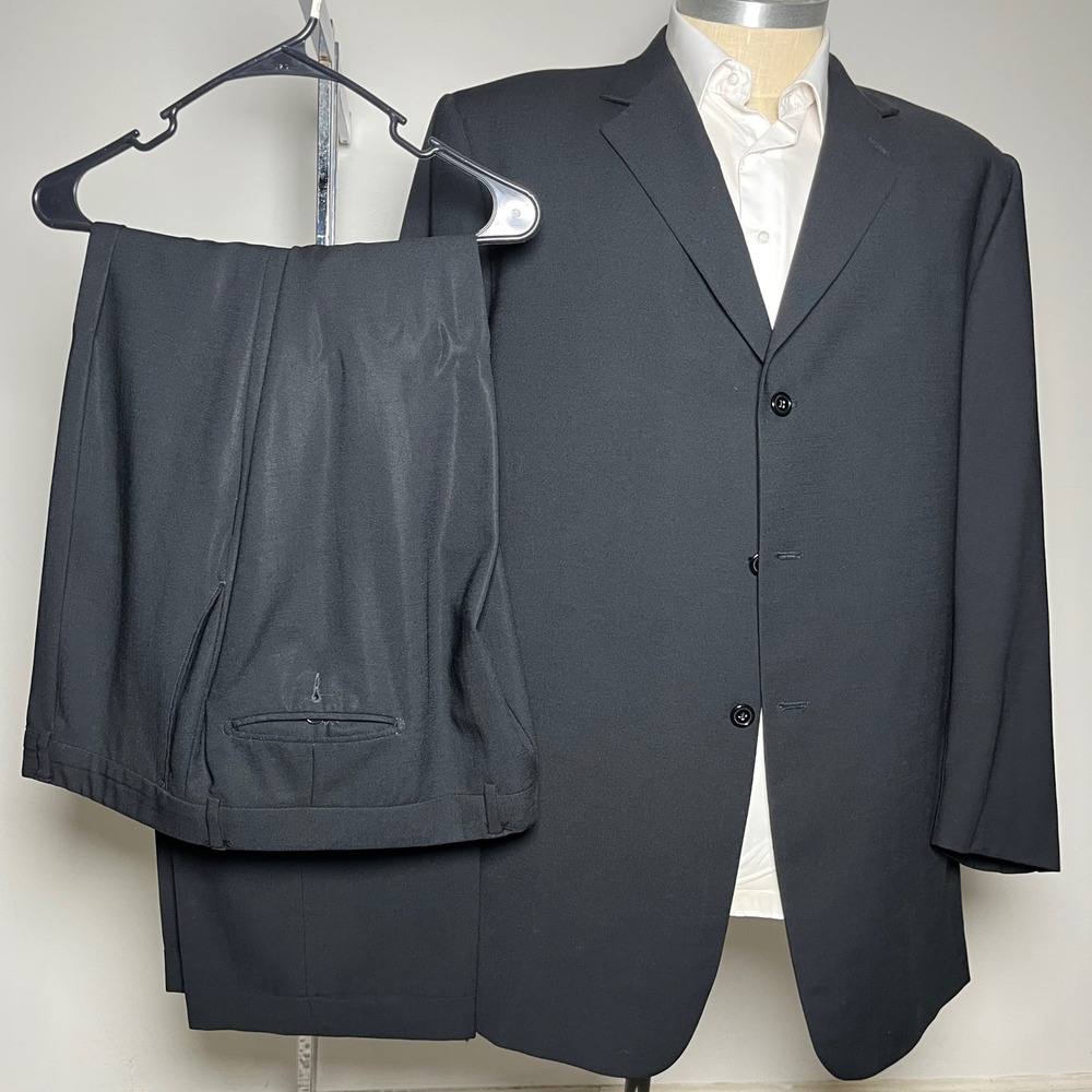 Tallia Uomo Suit Mens 50XL W42 Black Solid Worsted Wool 3-Button USA Made